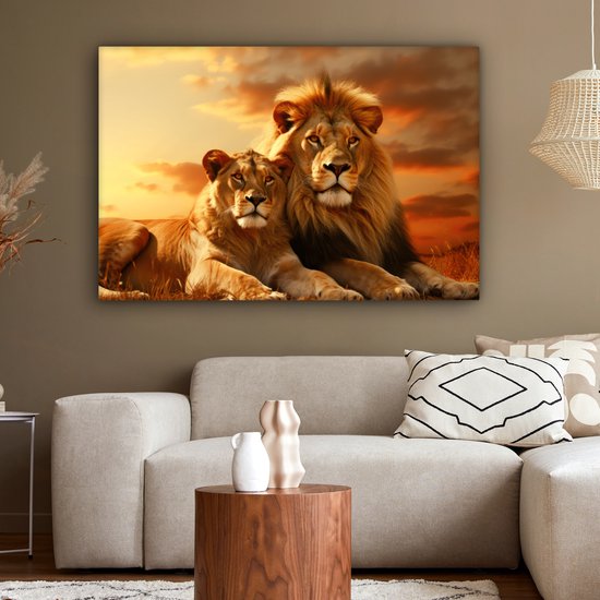 Peinture sur toile 120x80 cm - Lions - Tableaux de salon - Décoration murale animaux