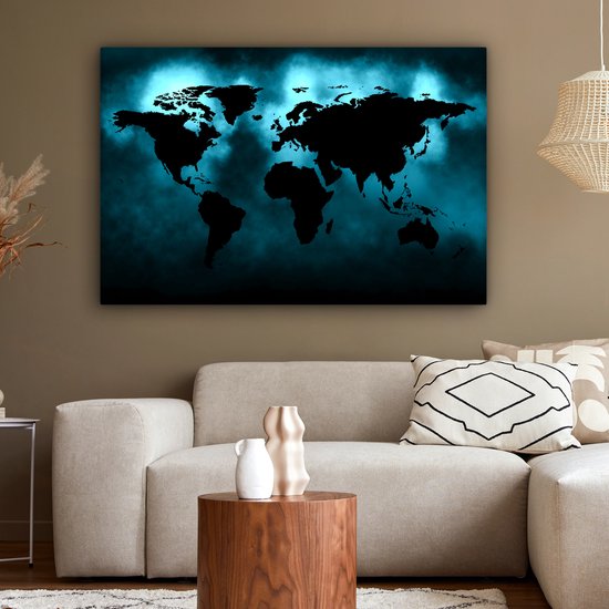 Carte du monde noire sur fond sombre en bleu 120x80 cm