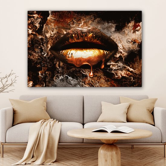 Peintures sur toile Or - Lèvres - Fumée - 120x80 cm - Décoration murale