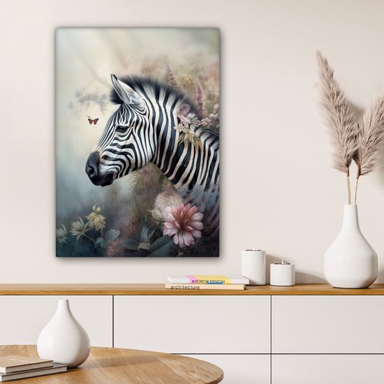 Tableau sur toile Zebra - Animaux sauvages - Papillon - Fleurs - 60x80 cm - Décoration murale