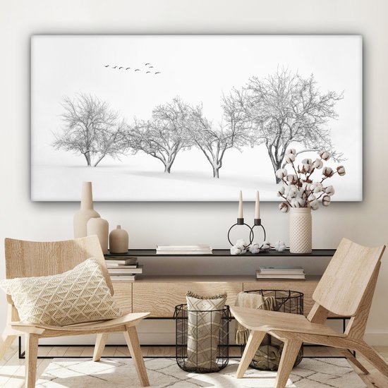 Canvas schilderij 160x80 cm - Wanddecoratie Bomen - Zwart wit - Natuur - Vogels - Muurdecoratie woonkamer - Slaapkamer decoratie - Kamer accessoires - Schilderijen op canvas