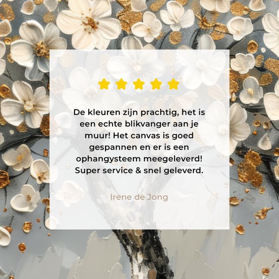 Gedetailleerd schilderij met witte en gouden bloemen op een grijze achtergrond, met 5 sterren review.