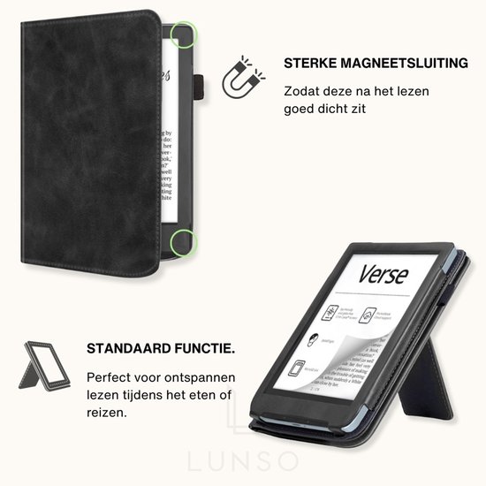 Lunso PocketBook Verse / Verse Pro / Verse Color hoes (6 inch) - Luxe Stand sleepcover - Zwart van Lunso — afbeelding 4