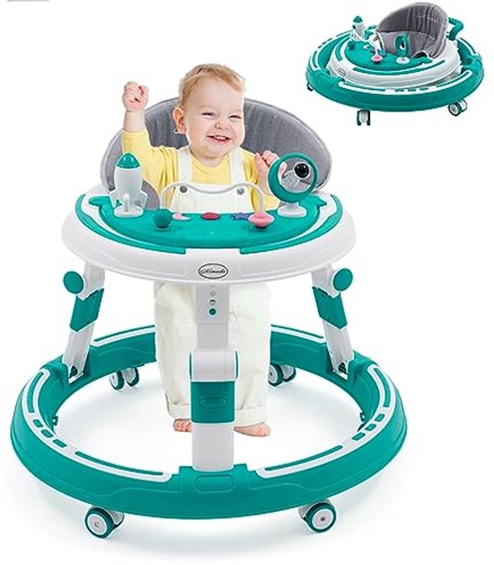 Trotteur 3 en 1 pliable et réglable en hauteur - Roulant et sécurisé avec Roues à 360 °, plateau repas et aire de jeux pour bébés dès 6 mois - Blauw