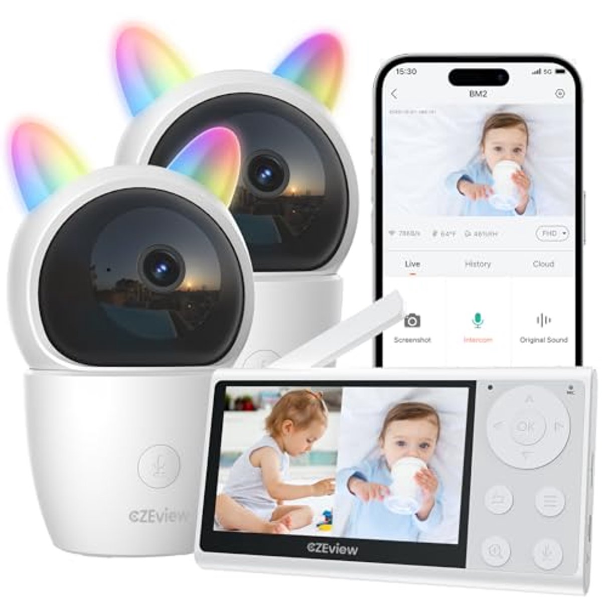 Babyfoon met 2 Kamers en APP - 2K/4,3 Inch WLAN, Splitscherm, PTZ 360°, Automatische Volging, 4× Zoom, IR Nachtzicht, Herkenning van Huilen en Beweging