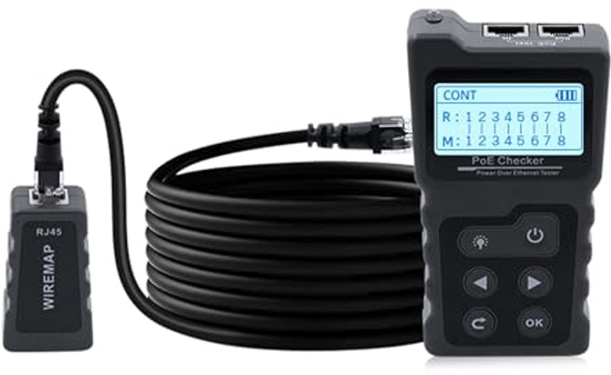 Netwerktester met PoE en LCD-display voor Cat5/Cat6 Kabels