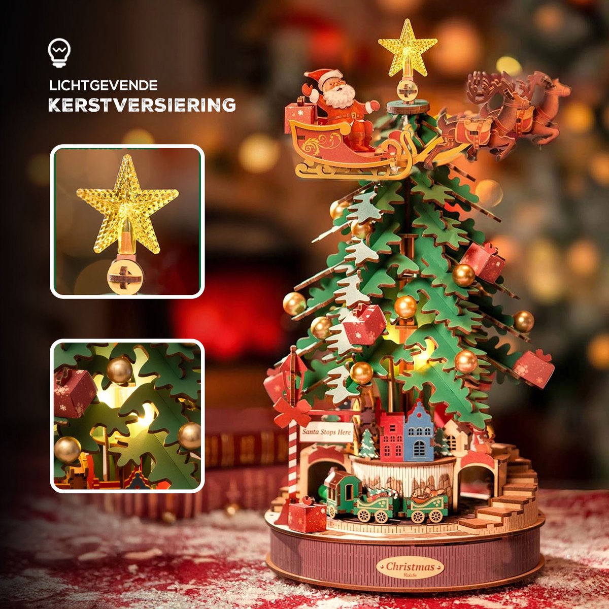 Robotime Christmas Melody Tree 3D Houten Muziekdoos – Kerstboom Bouwpakket – 319 Onderdelen - 30x30x40cm — afbeelding 4