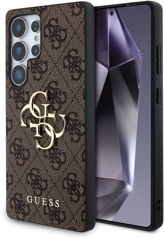 Étui marron Guess avec logo GG répétitif et grand logo GG doré, avec téléphone à l'intérieur.