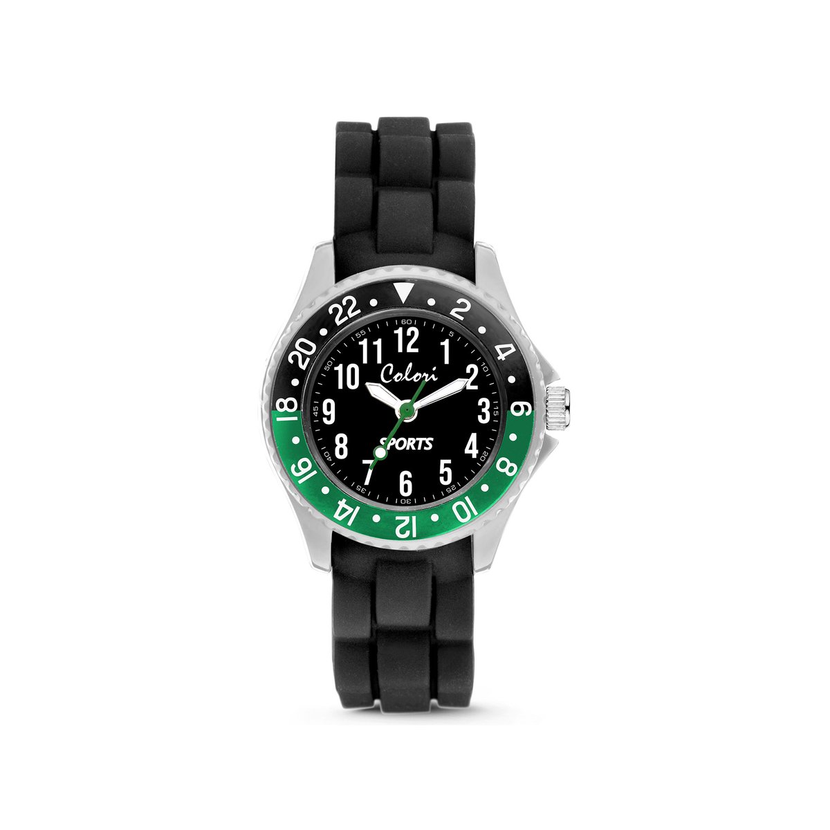 Colori 5-CLK128 Kinderhorloge - Sport - 30 mm - Siliconen band - Verstelbaar van 15 t-m 19cm - Groen - Zwart