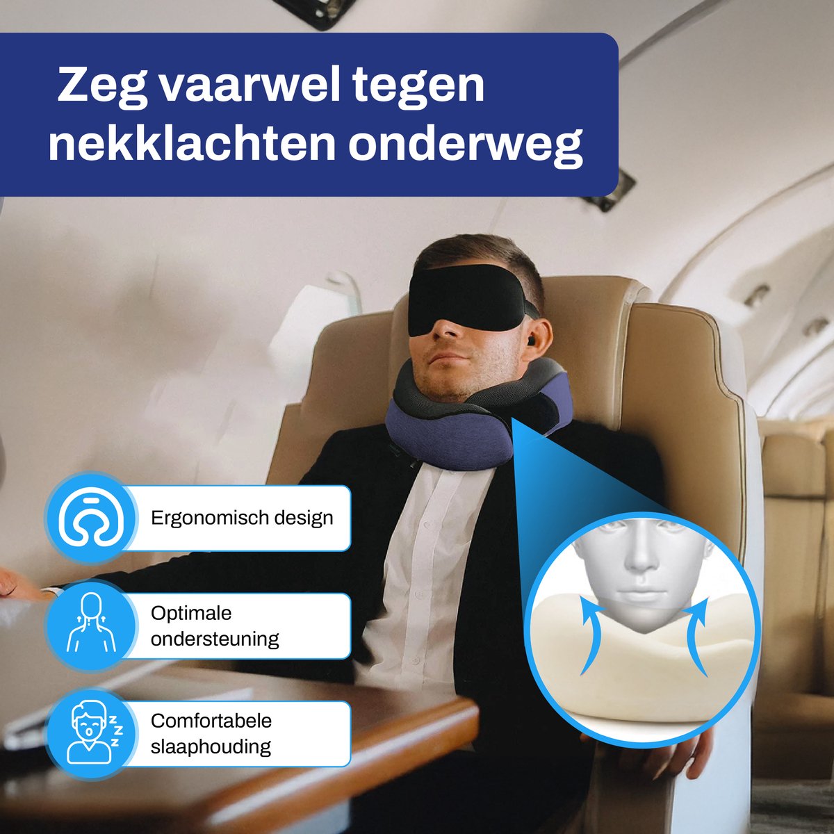 Sleeptight Nekkussen Vliegtuig of Auto - Reiskussen Set - 360° steun - Nekkussen Traagschuim - Travel Pillow Memory Foam - Met Oordoppen en Oogmasker - Blauw — afbeelding 5