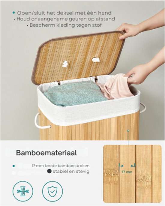 Relaxdays wasmand met deksel, 86 l, uitneembare waszak, grenenhout, wasbox H x B x D: ca. 65.5 x 45 x 45 cm, wit