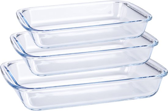 Ovenschalen Set - 3-Delig - Glas - Vaatwasserbestendig - Rechthoekig - 2,2L, 1,6L en 1L - Extra Stevig - Transparant