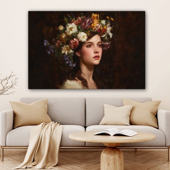 Tableau sur toile 120x80 cm - Décoration murale exclusive - Portrait - Femme - Fleurs - Décoration murale salon - Décoration chambre - Accessoires de décoration - Peintures sur toile