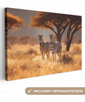 Tableau sur toile 120x80 cm - Décoration murale exclusive Zèbres - Paysage de savane - Herbe - Décoration murale murale salon - Décoration chambre - Accessoires chambre - Peintures sur toile