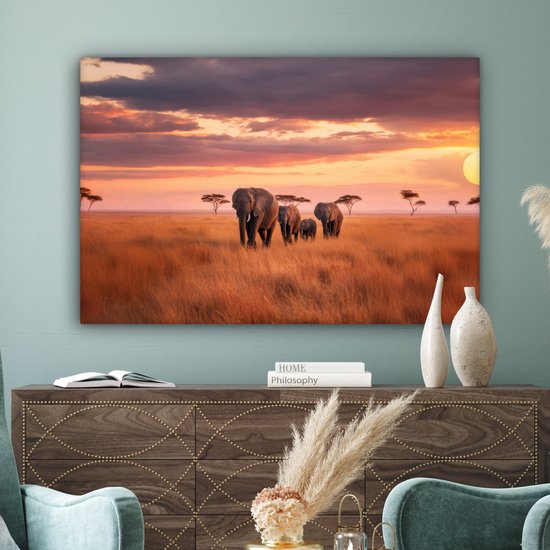 Tableau sur toile 120x80 cm - Décoration murale exclusive - Groupe d'éléphants - Plaine ouverte - Soleil - Décoration murale murale salon - Décoration chambre - Accessoires de décoration - Peintures sur toile