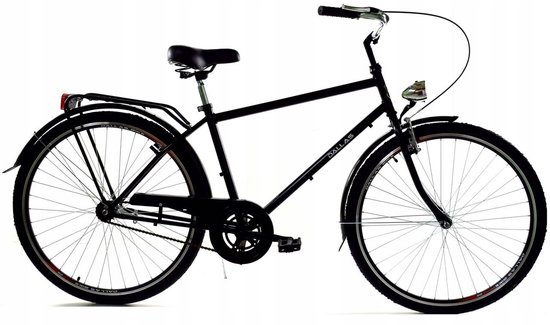 Zwarte stadsfiets "Dallas" met bagagedrager en verchroomde koplamp.