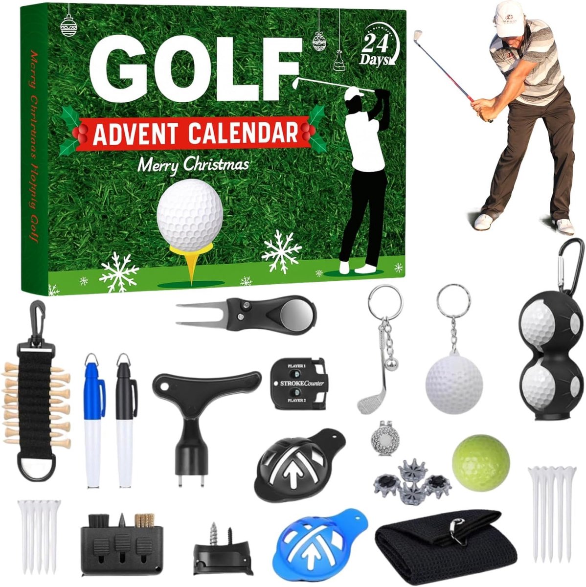 Golf Adventskalender 2025, 24-daagse Kerst Countdown Kalender met Golfballen, Tees en Balmarkers, Vakantiecadeau voor Mannen, Tienerjongens, Ideaal voor Papa, Echtgenoot of Vriendje