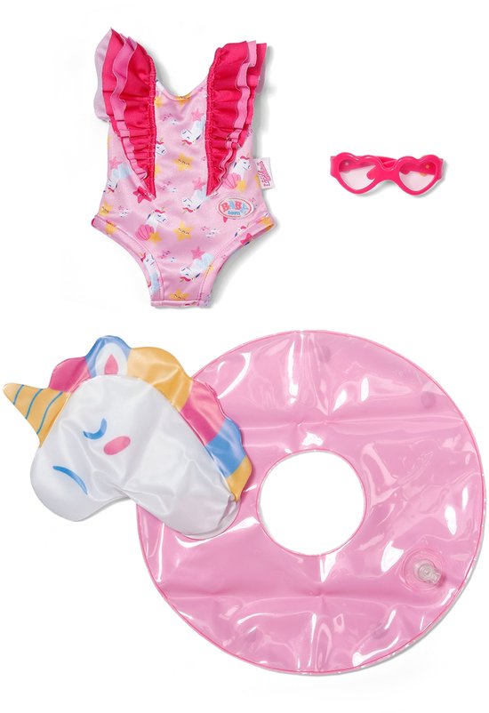 Baby born zwemkleding, hartjes zonnebril en een roze glitter zwemband in eenhoornvorm.