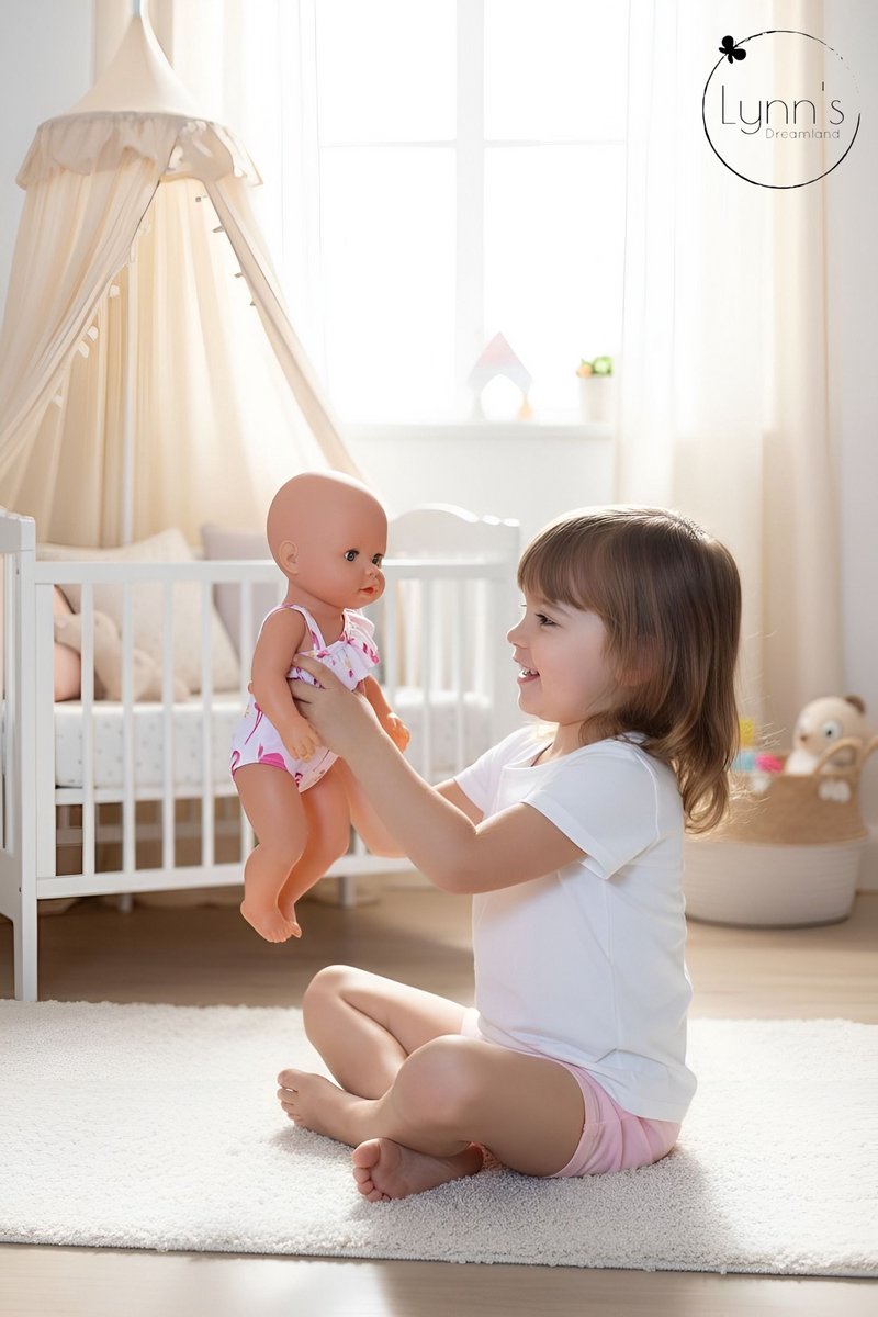 Poppenkleertjes voor babypop 43 cm - Roze flamingo badpak - In cadeauzakje - Poppenkleding geschikt voor o.a. Baby Born pop — afbeelding 2