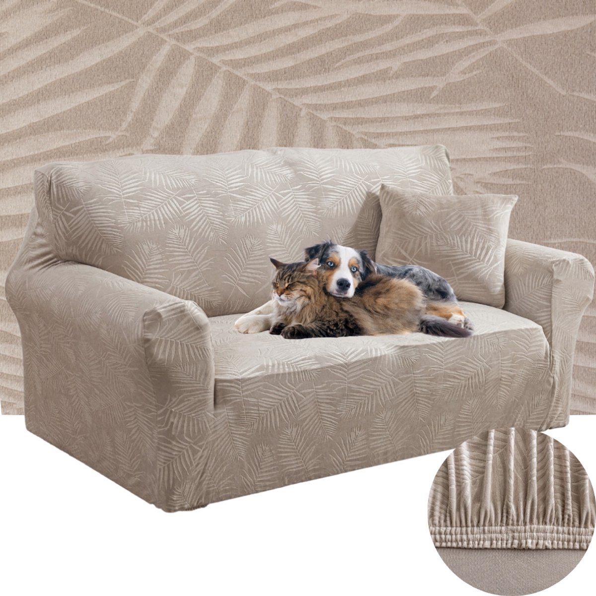 Elastische Bankhoes 145-185cm, Beige, lmblad motief, oeko-tex