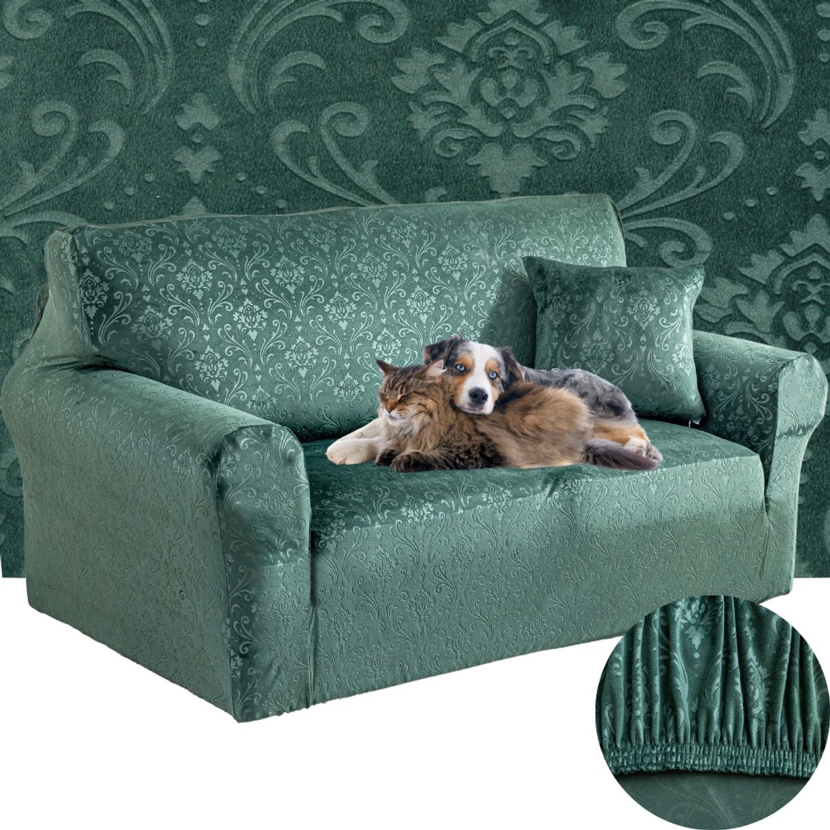 Elastische bankhoes, 145-185 cm, donkergroen, velours met ornament