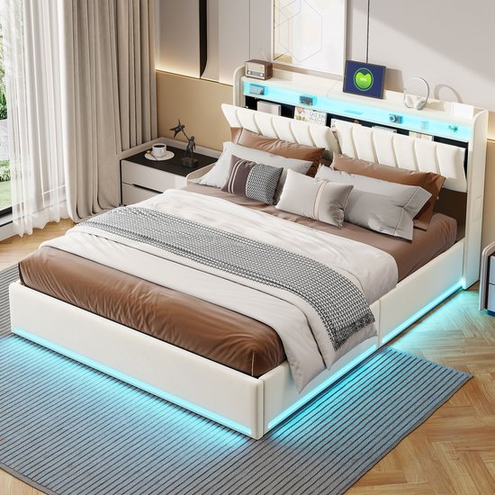 Luxe Beige Velvet Tweepersoonsbed 140x200 cm – Hydraulisch Opbergbed met USB & Type-C, Hoofdbord met Opbergruimte