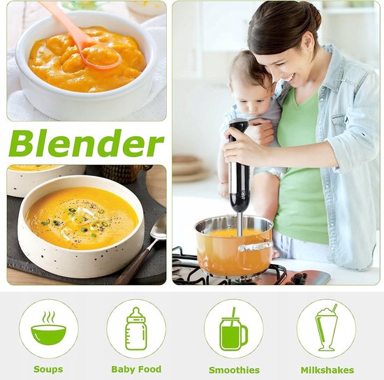 Kolohoso 1500W Staafmixer, 4 In 1 Handblender Met 21 Instelbare Snelheden Immersion Blender Met 4 Roestvrijstalen Messen Elektrische Staafmixerset Met 600ml Hakmolen 800ml Maatbeker Garde Bpa Vrij
