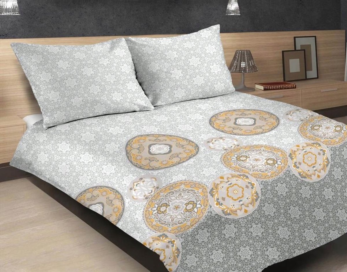 Exclusieve Katoen Satijnen Dekbedovertrek 220x200 Mandala Grijs Geel