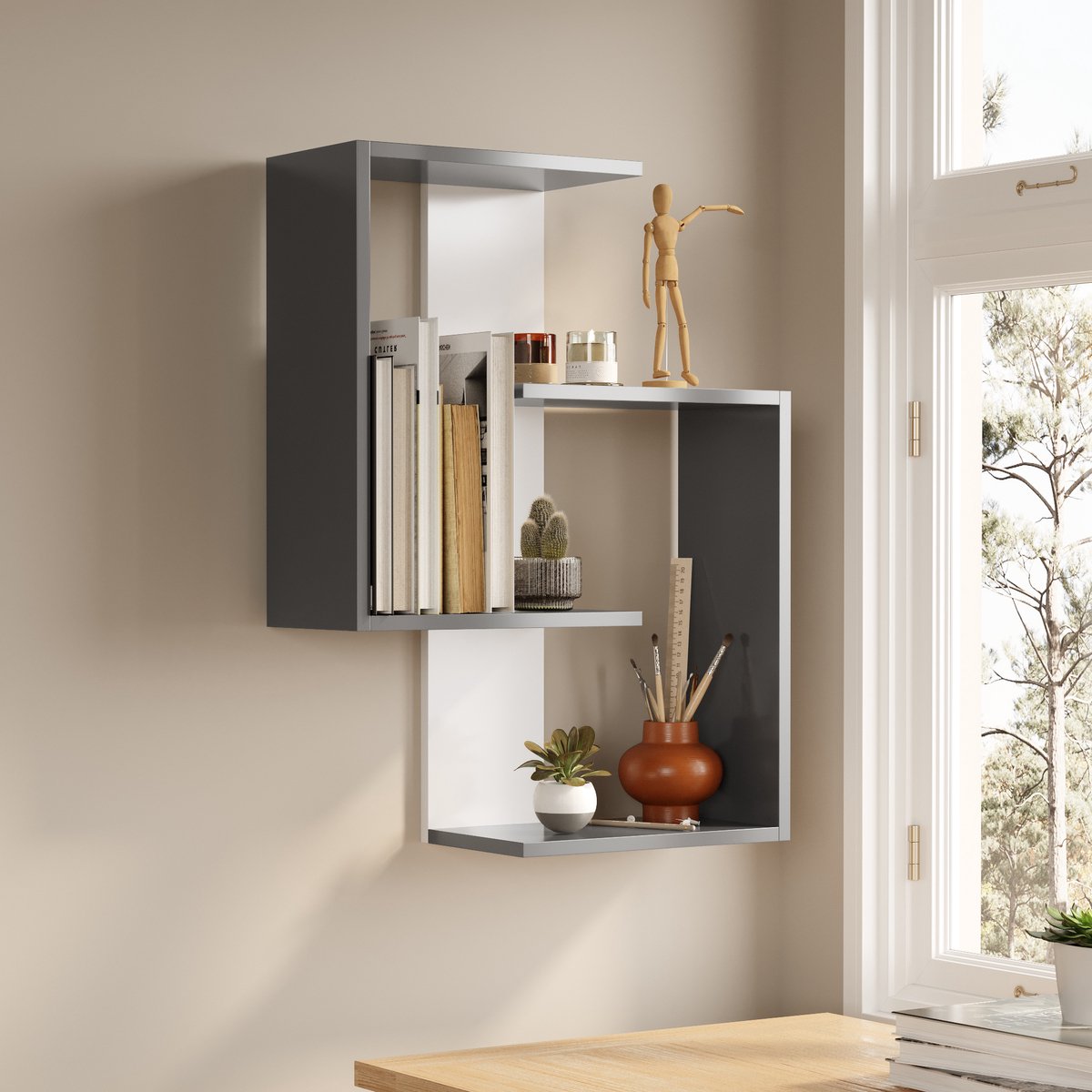 LUNOR® Lisbon – Wandplank – Wandrek met 3 Planken – Wandschap – Boekenrek Wand – Wandkast – Antracit/Wit – 85x64 cm