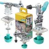 Wolfcraft snelspanner met blauwe handgreep, set onderdelen en productverpakking.