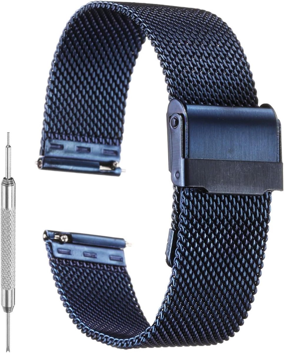 Mesh horlogeband roestvrij staal snelwissel Milanese armband - 18 mm donkerblauw met gereedschap