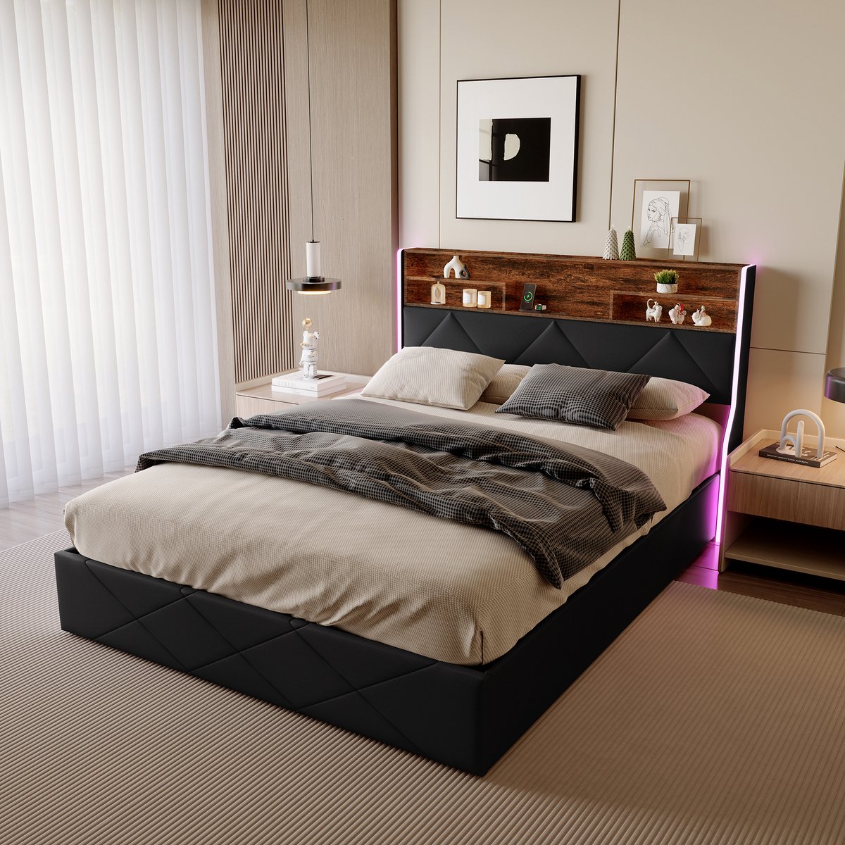 Zwart PU Tweepersoonsbed 160x200 cm – LED Hydraulisch Opbergbed met USB & Type-C, Hoofdbord met Opbergruimte