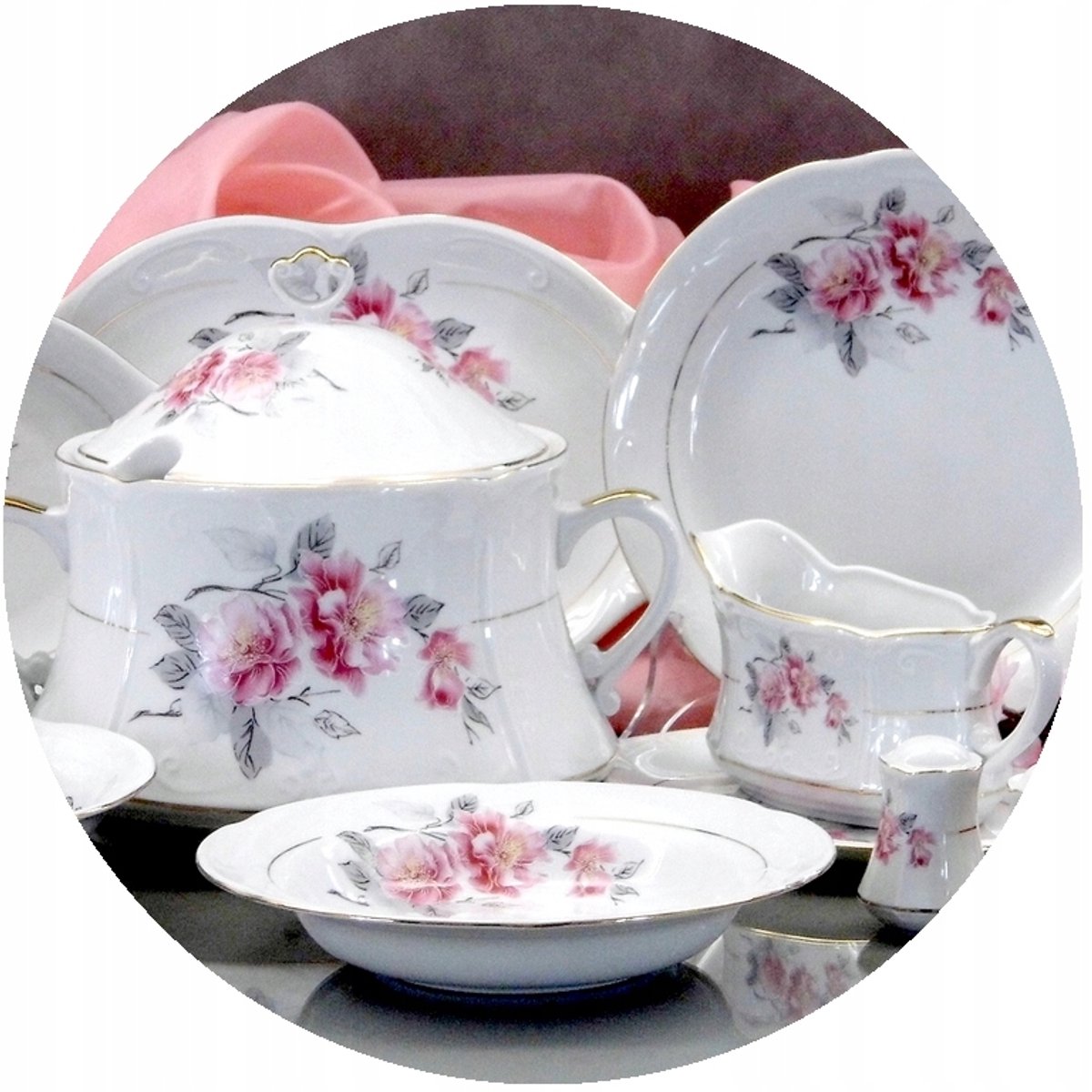 Servies Kamelia 27-delig voor 6 personen, wit met gouden decoratie