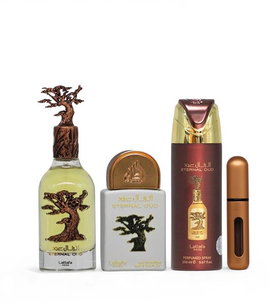 Lattafa Eternal Oud Gift Set – Eau de Parfum 100ml + 20ml & Body Spray 200ml – Unisex