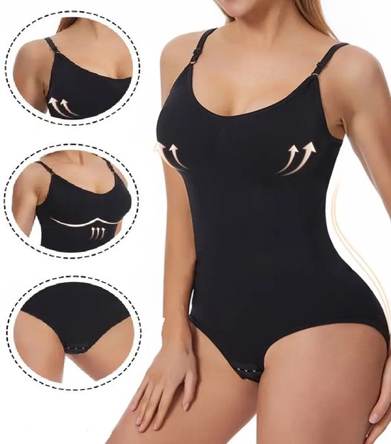 Zwarte naadloze bodysuit met gestileerde pijlen die de buik en borst benadrukken. Drie detailfoto's.