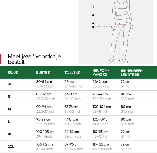 Maattabel met EU/UK maten XS tot 2XL. Kolommen voor Buste, Taille, Heupomvang en Binnenbeenlengte.