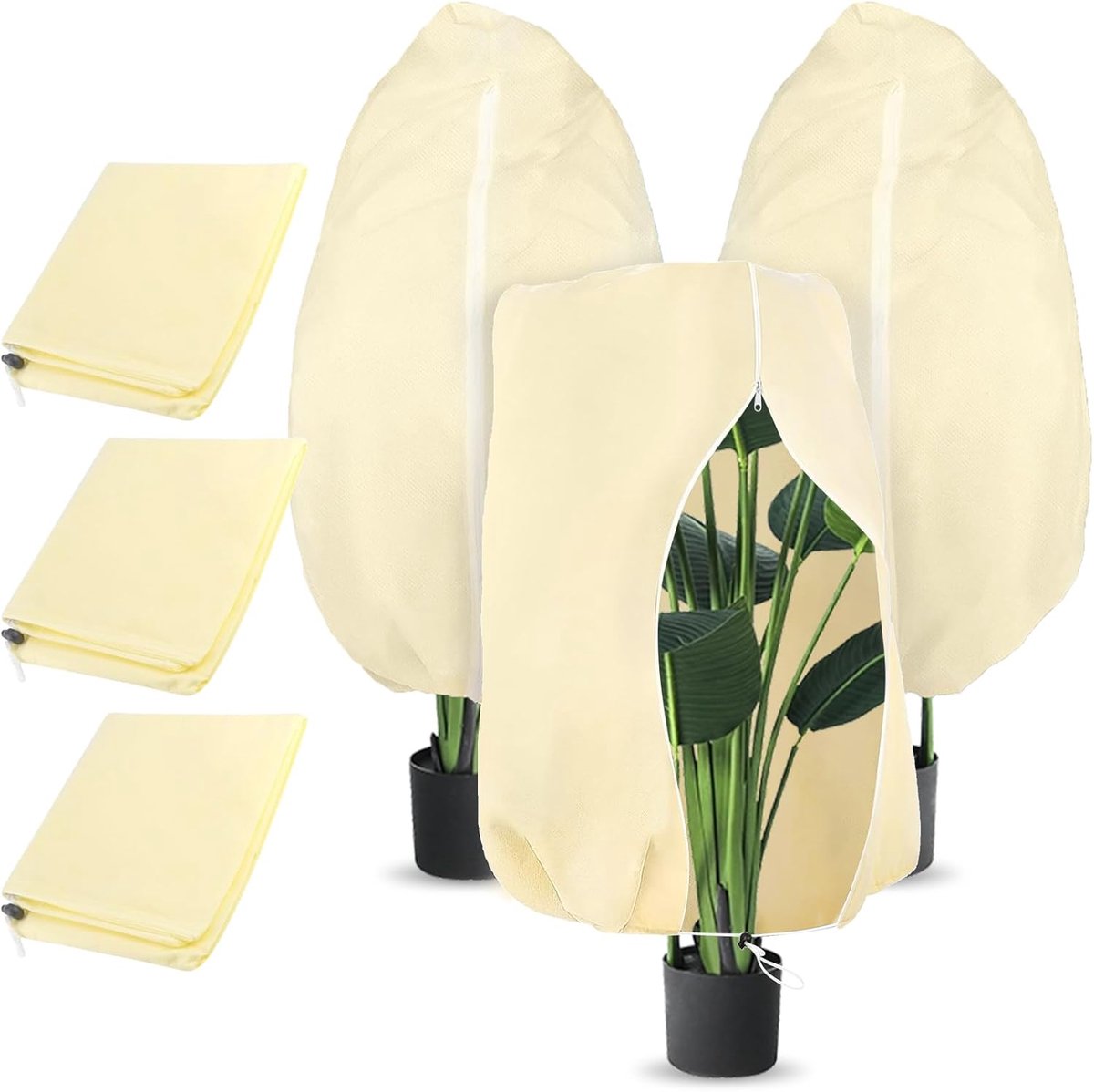 3-delige winterhoes voor buitenplanten, 100x80cm, 70g/m², scheurvast, herbruikbare winterbescherming voor planten met ritssluiting, beige beschermhoezen voor palmbomen