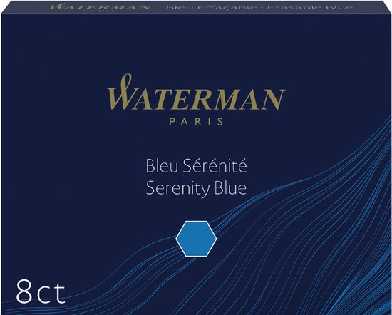 Waterman Serenity Blue vulpeninkt, 8 stuks. Donkerblauw doosje met golvende lijnen.