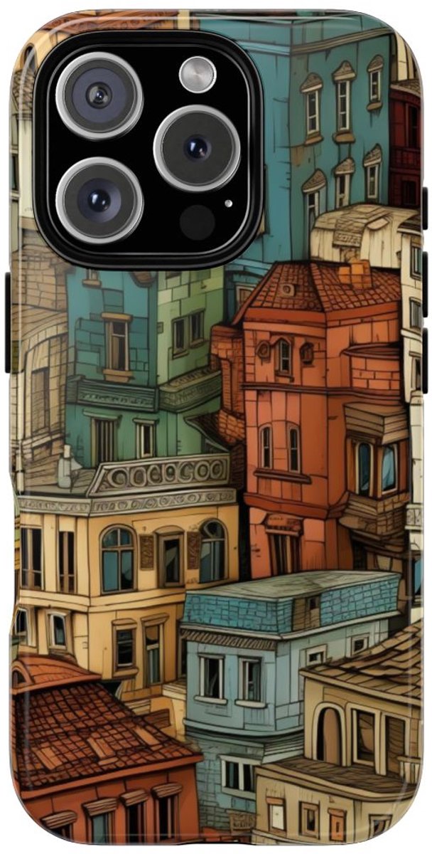 Kleurrijk Stedelijk Gebouwenpatroon – Telefoonhoesje Geschikt voor iPhone 16 Pro