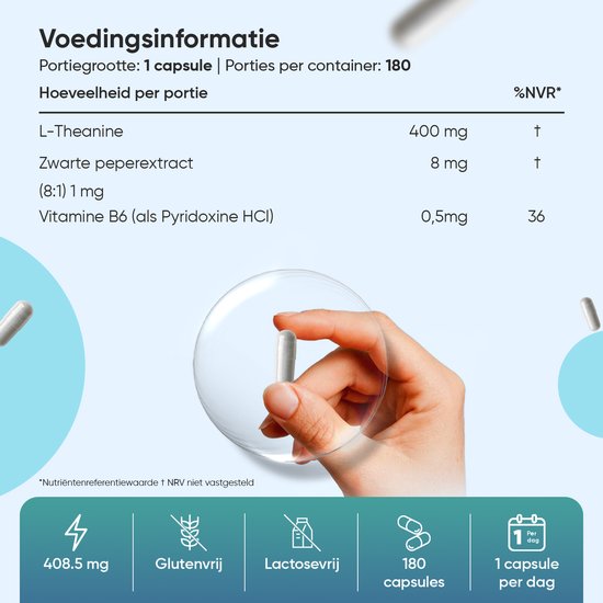 WeightWorld L-Theanine met Zwarte Peper en Vitamine B6 - 400 mg per portie - 180 vegan capsules voor 6 maanden