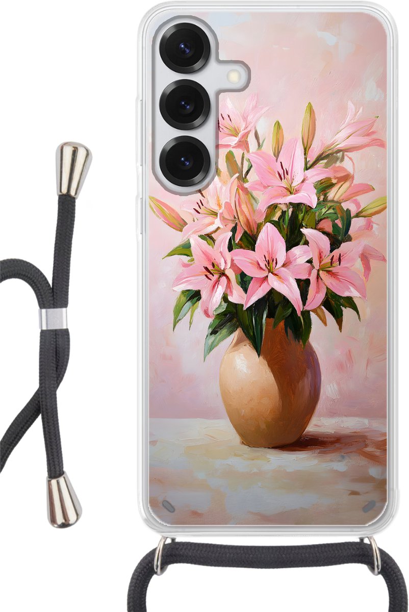 Telefoonhoesje Geschikt voor Samsung Galaxy S25 Plus - Vaas - Bloemen - Roze - Siliconen - Crossbody - Backcover met Koord - Telefoonhoesje met koord - Hoesje met touw Telefoonhoesje