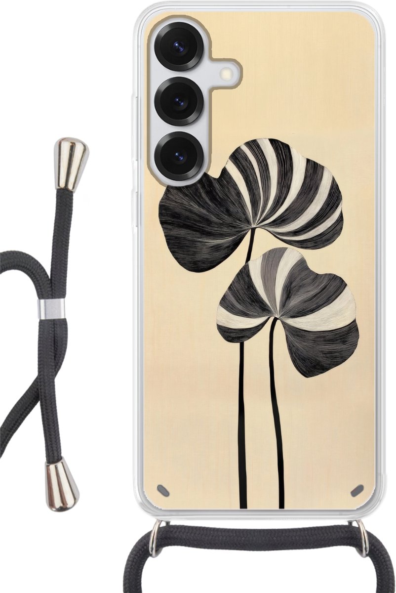 Telefoonhoesje Geschikt voor Samsung Galaxy S25 Plus - Zwart - Bladeren - Strepen - Minimalistisch - Siliconen - Crossbody - Backcover met Koord - Telefoonhoesje met koord - Hoesje met touw Telefoonhoesje