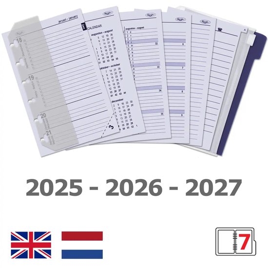 Kalpa agenda bladen met agendaoverzicht voor 2025-2026-2027 in het Engels en Duits. Britse en Nederlandse vlaggen.