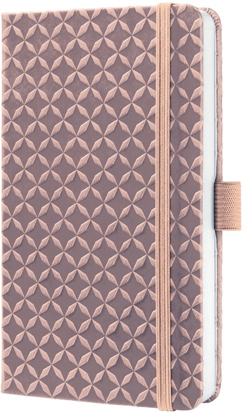 Een roze notitieboek met een reliëf geometrisch patroon en een elastische band.