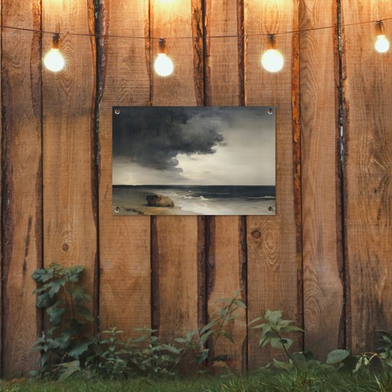 Tuinposter 60x40 cm - Tuindecoratie Kust - Golven - Rots - Storm - Poster voor in de tuin - Buiten decoratie - Schutting tuinschilderij - Tuindoek muurdecoratie - Wanddecoratie balkondoek