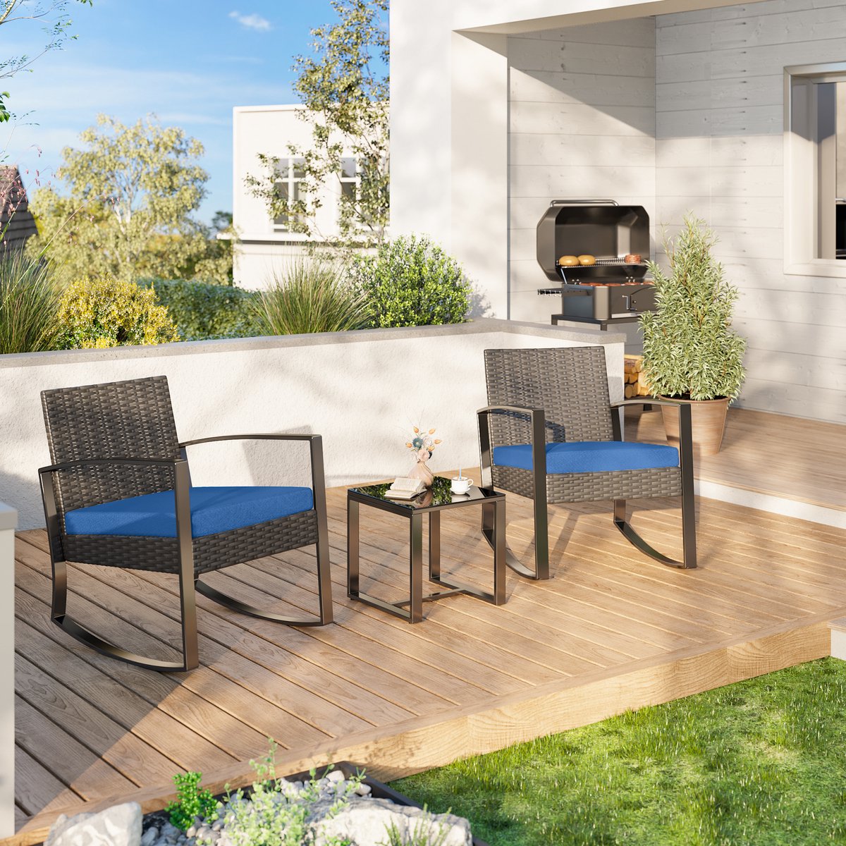 Xbro Tuinset – 3-delige Zitgroep met Rotan Stoel en salontafel , Weerbestendig en Ruimtebesparend – Outdoor loungeset – Balkonset voor Tuin, Terras en Zwembad – 60 x 50 x 80 cm – Blauw – foto 7
