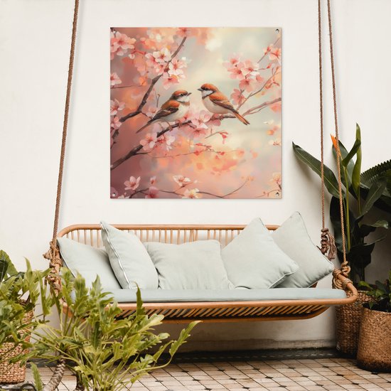 Affiche de jardin 100x100 cm - Décoration de jardin Vogels - Romantique - Branche fleurie - Affiche pour le jardin - Décoration extérieure - Tableau de jardin clôture - Décoration murale sur toile de jardin - Décoration murale sur toile de balcon