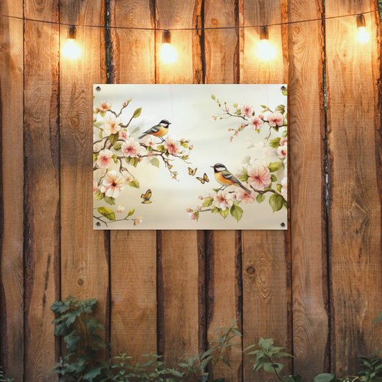 Affiche de jardin 80x60 cm - Décoration de jardin Branches - Fleurs - Oiseaux - Rose - Affiche pour le jardin - Décoration extérieure - Tableau de jardin clôture - Décoration murale sur toile de jardin - Décoration murale sur toile de balcon