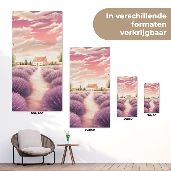 Affiche de jardin 80x160 cm - Décoration de jardin Champ de lavande - Maison - Violet - Affiche pour le jardin - Décoration extérieure - Tableau de jardin clôture - Décoration murale sur toile de jardin - Décoration murale sur toile de balcon