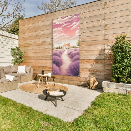 Affiche de jardin 80x160 cm - Décoration de jardin Champ de lavande - Maison - Violet - Affiche pour le jardin - Décoration extérieure - Tableau de jardin clôture - Décoration murale sur toile de jardin - Décoration murale sur toile de balcon